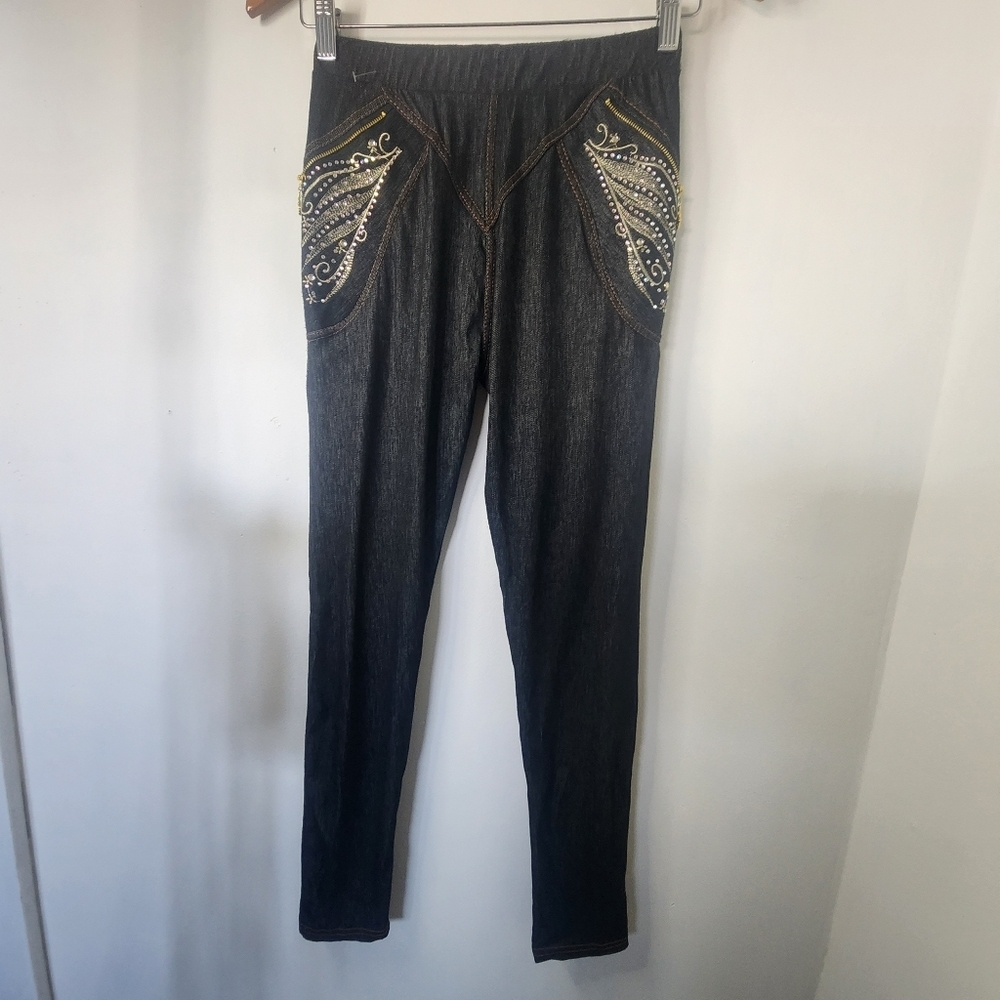 Stretch Dark Denim Leggings Jeans with Sequins Design